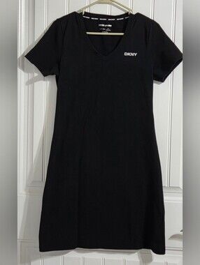 DKNY Sport Black V-Neck Short Sleeve Dress With Silver Beaded Logo Size Small